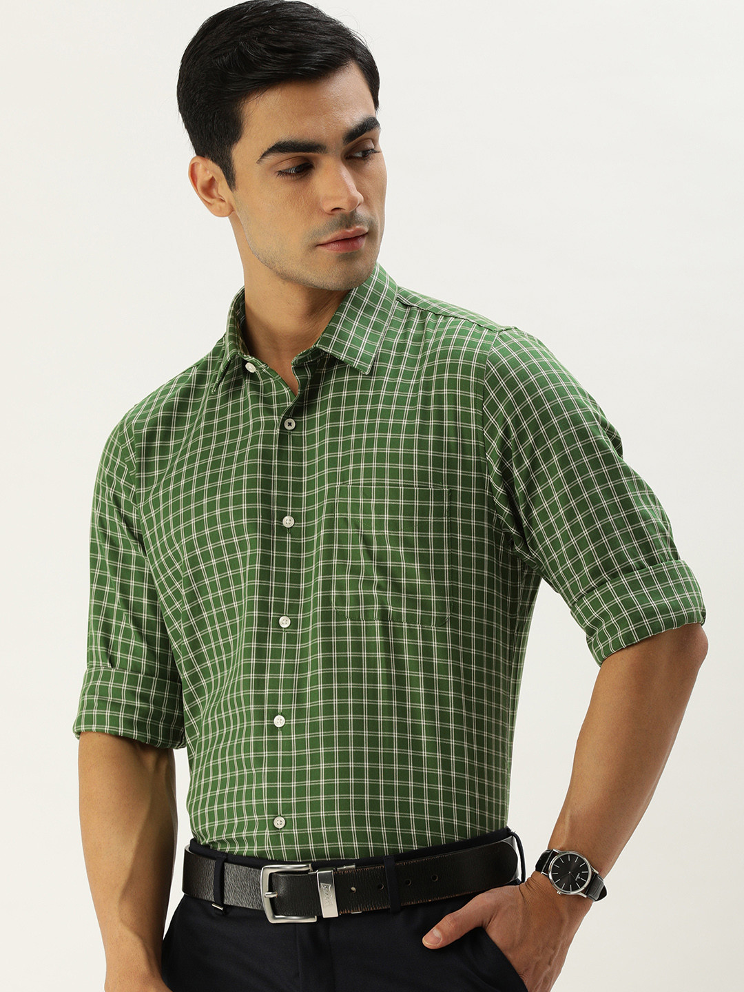 

Peter England Men Slim Fit Checked Formal Shirt, Green