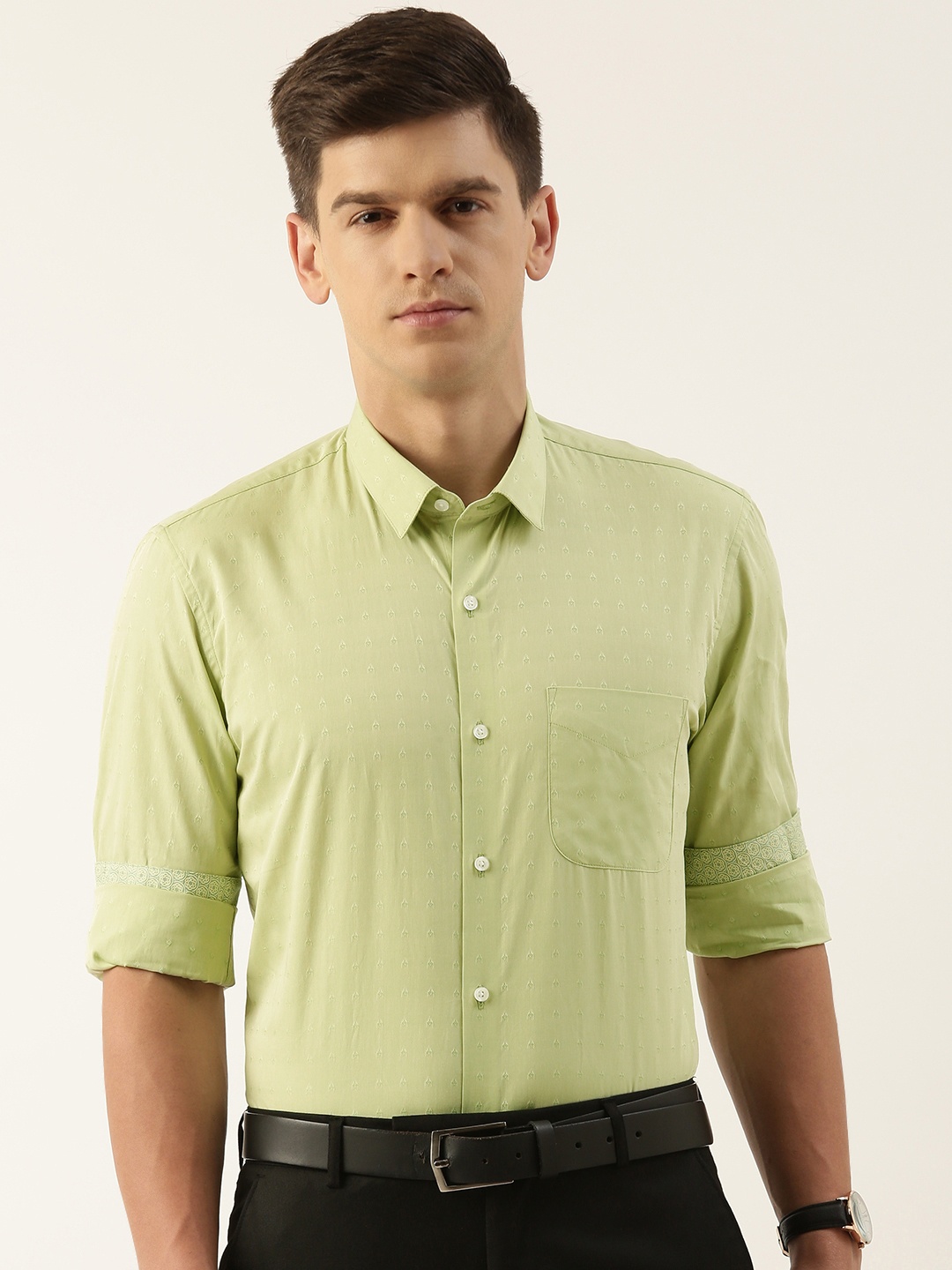 

Peter England Ethnic Motifs Self-Design Slim Fit Pure Cotton Formal Shirt, Olive