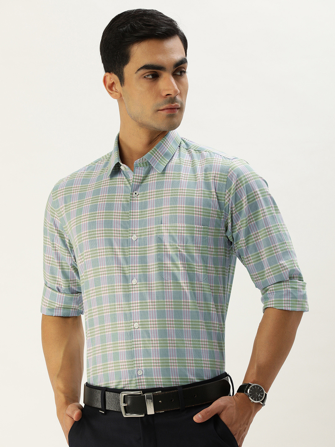 

Peter England Men Slim Fit Tartan Checked Formal Shirt, Green