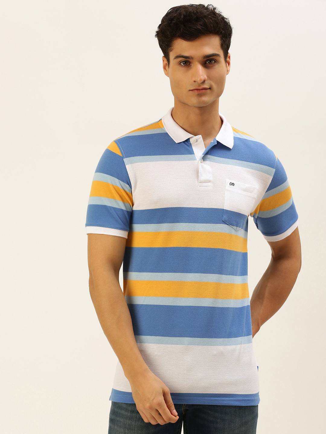 

Peter England Men Blue & White Striped Polo Collar Slim Fit T-shirt