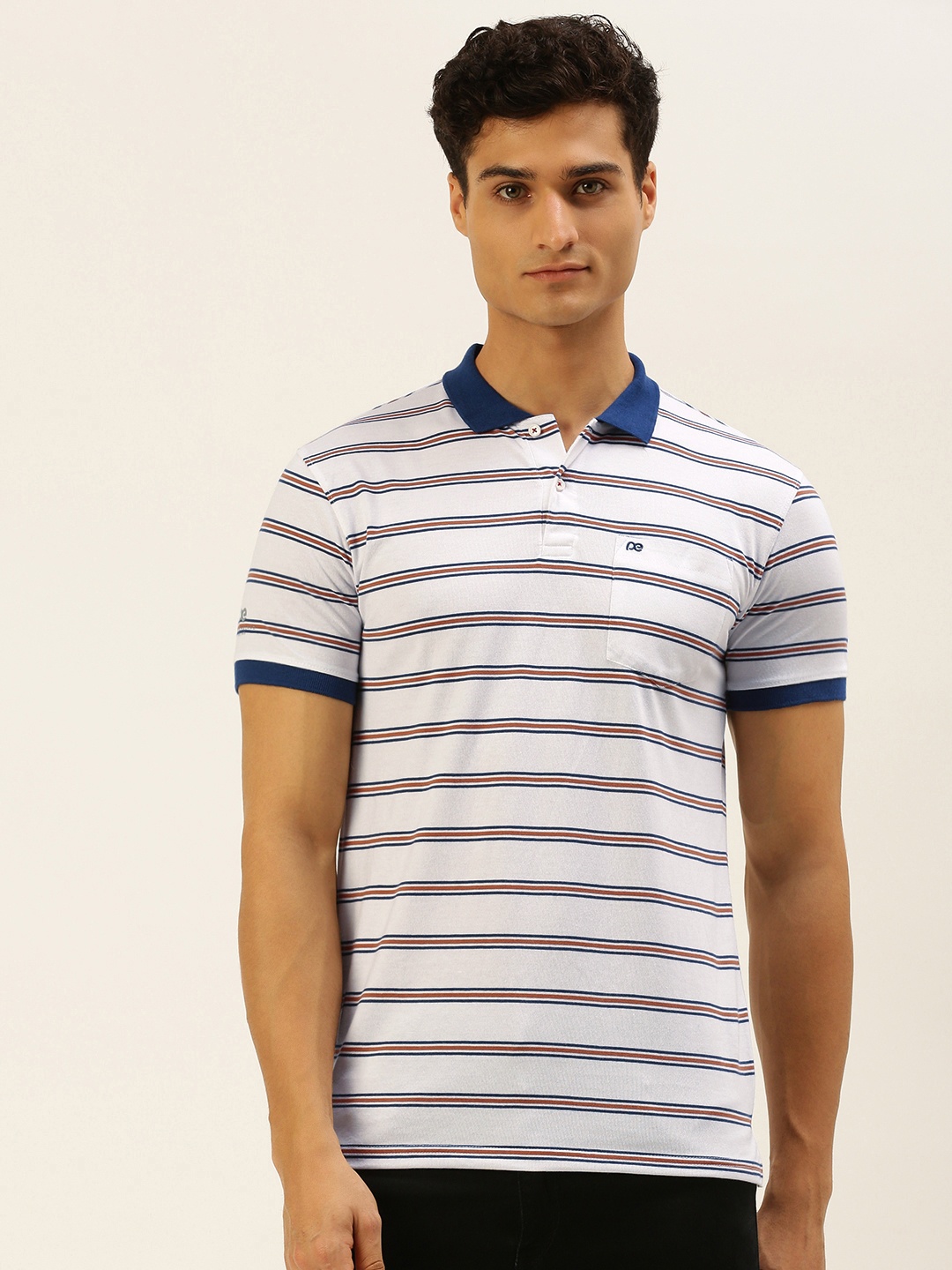 

Peter England Men White & Navy Blue Striped Polo Collar Slim Fit T-shirt