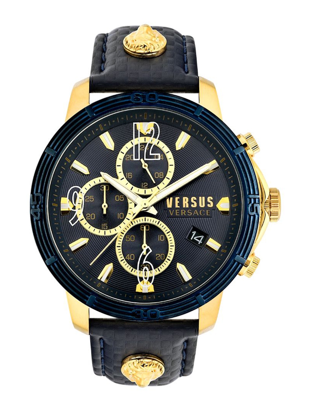 

Versus Men Blue Brass Patterned Dial & Blue Leather Straps Analogue Watch VSPHJ0220, Navy blue