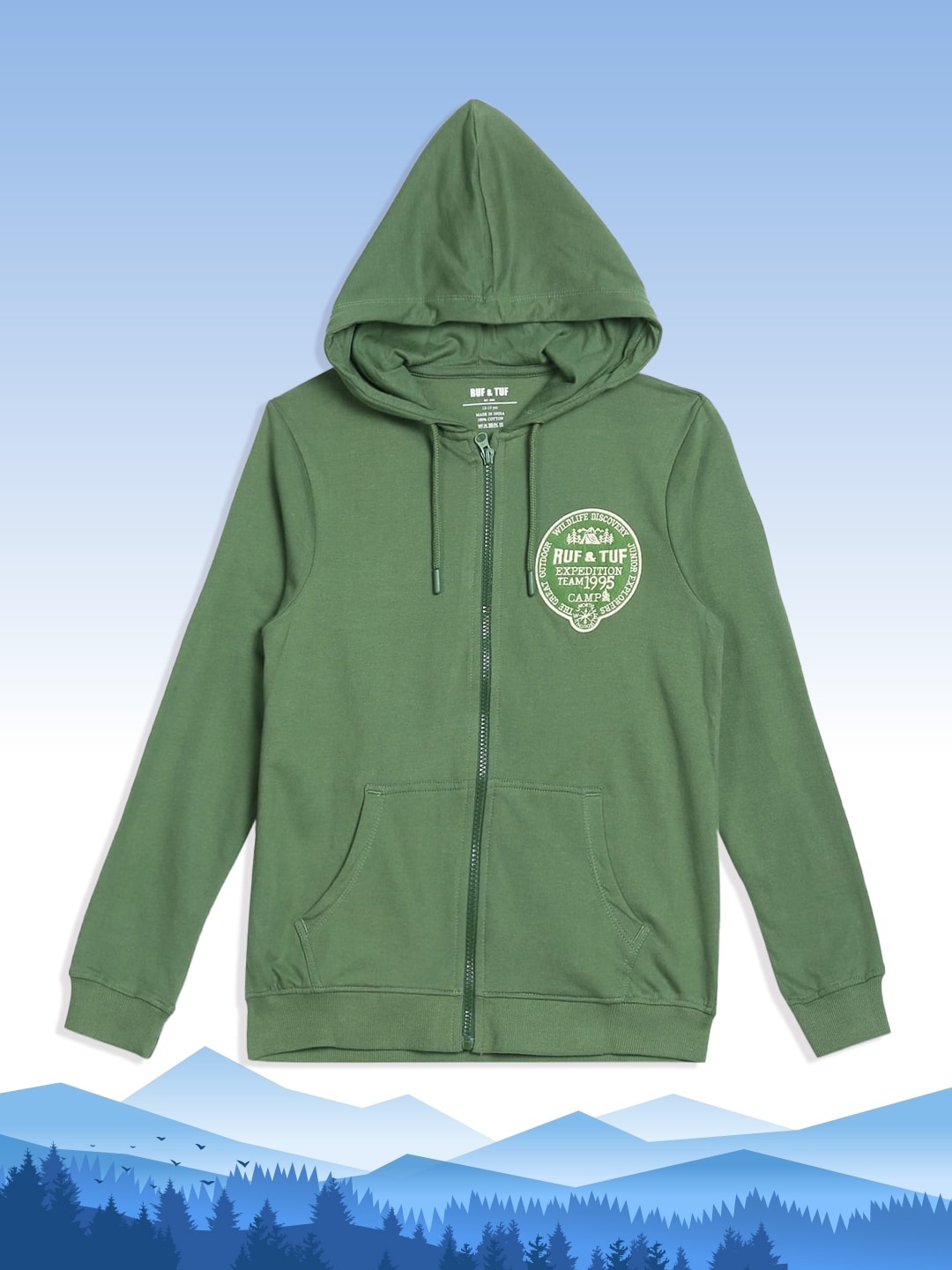 

RUF & TUF Boys Green Printed Hooded Pure Cotton Sweatshirt