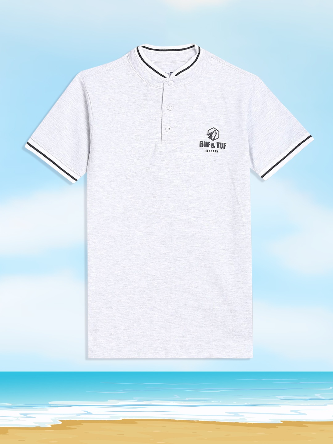 

RUF & TUF Boys Off-White Mandarin Collar Pure Cotton T-shirt