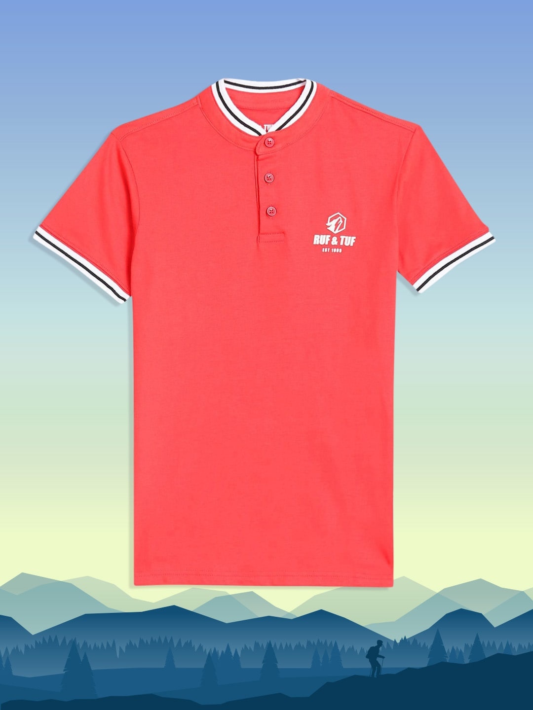

RUF & TUF Boys Red Pure Cotton Mandarin Collar T-shirt