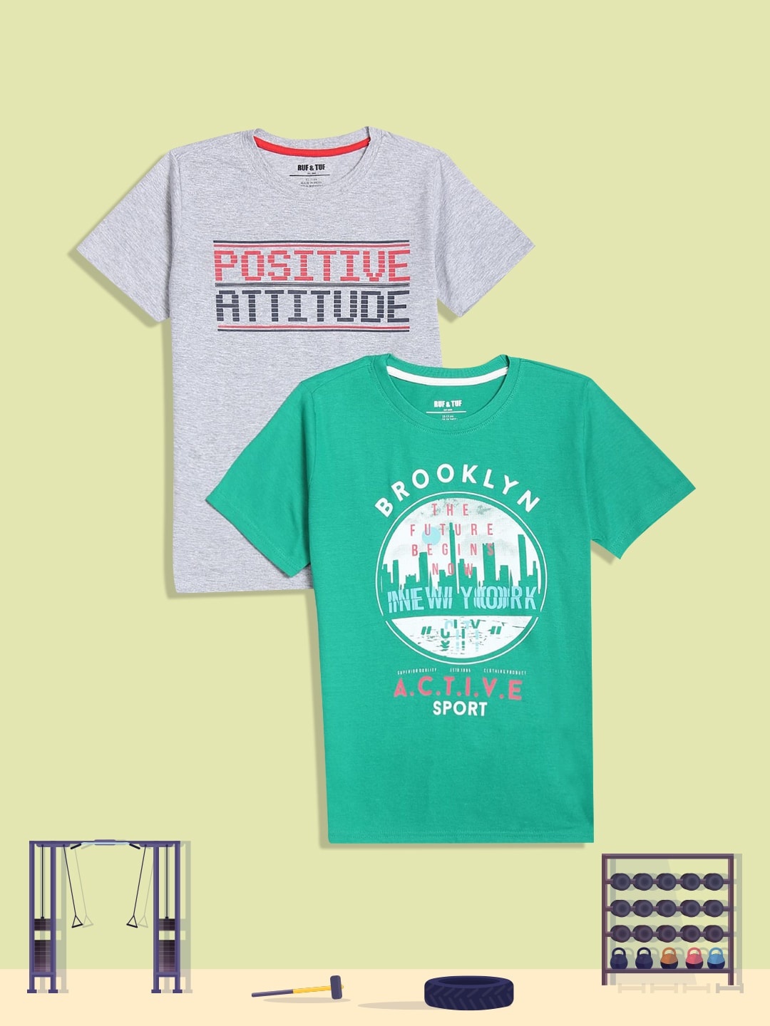

RUF & TUF Boys Green & Grey Typography Pack Of 2 Pure Cotton Printed T-shirt
