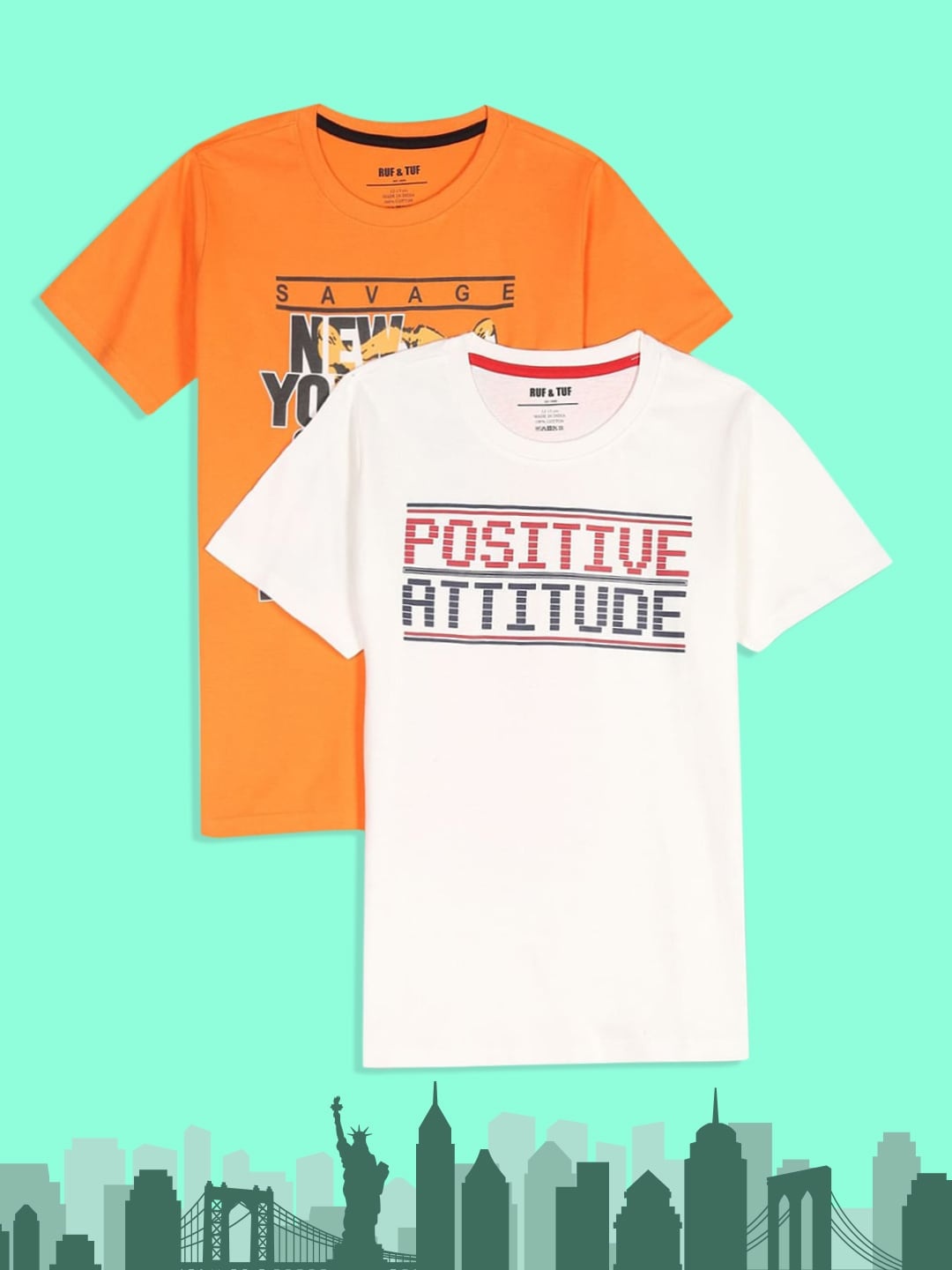 

RUF & TUF Boys White & Orange Typography Pack Of 2 Pure Cotton Printed T-shirt