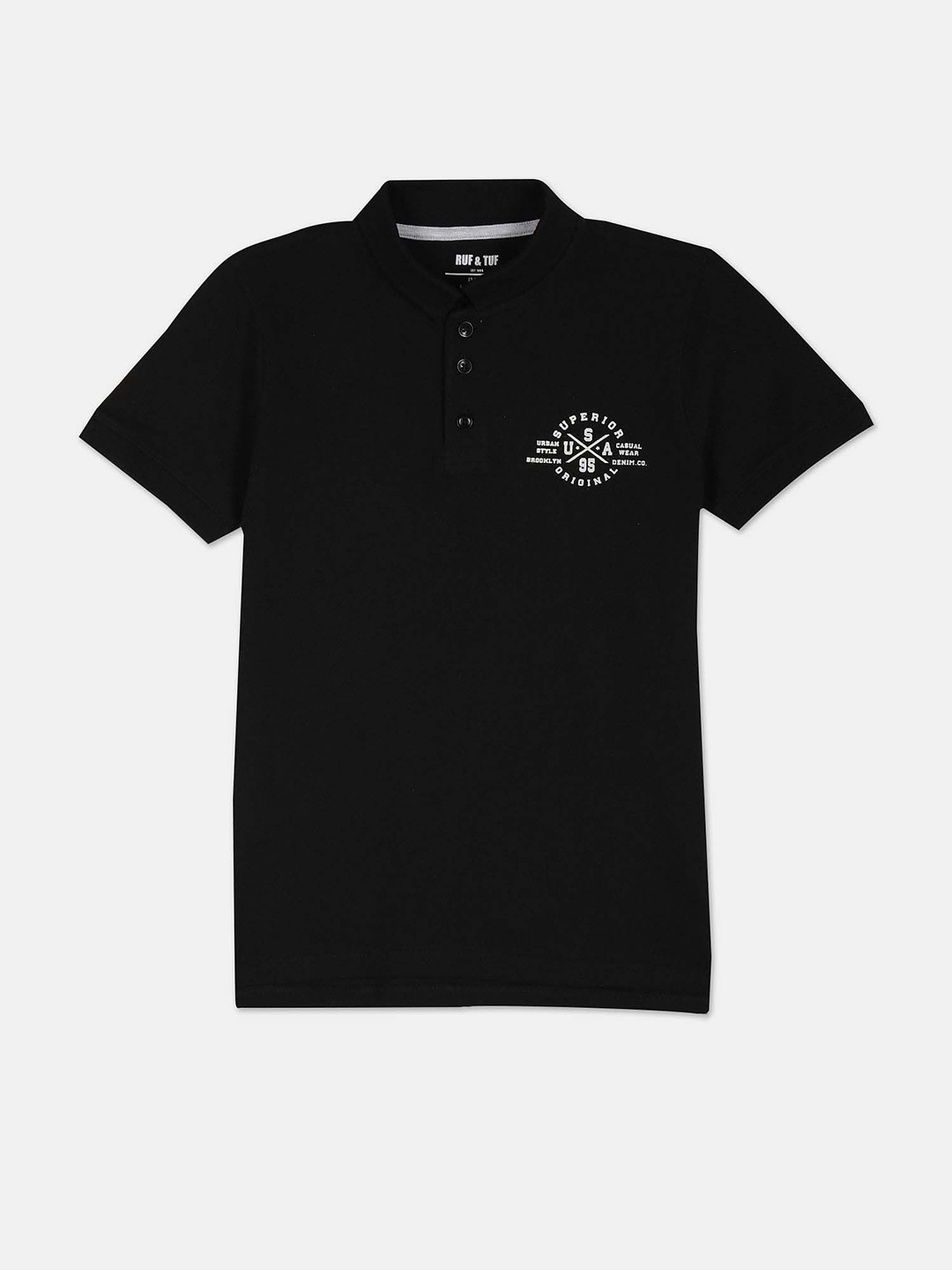 

RUF & TUF Boys Typography Printed Polo Collar Pure Cotton T-shirt, Black
