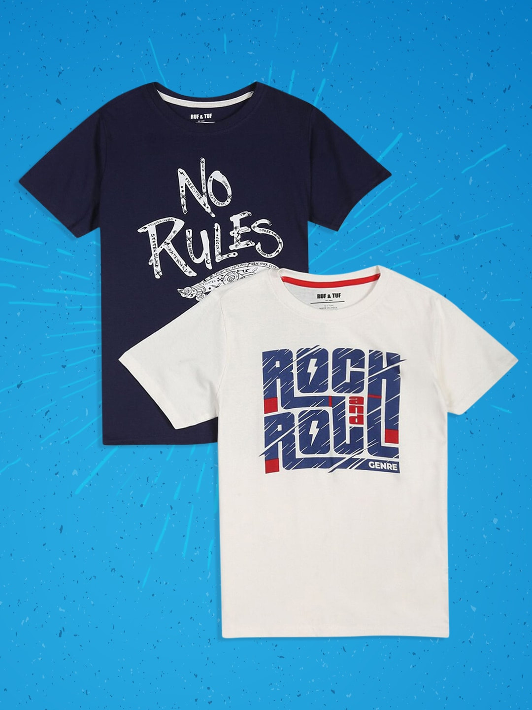 

RUF & TUF Boys White & Navy Blue Typography Pack Of 2 Pure Cotton Printed T-shirt