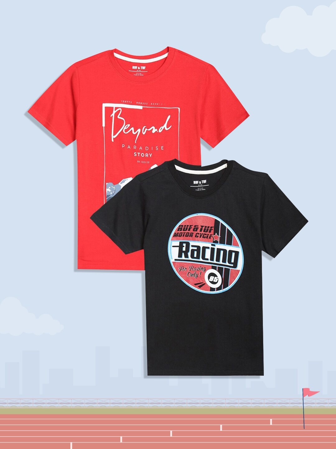 

RUF & TUF Boys Black & Red Typography Pack Of 2 Pure Cotton Printed T-shirt