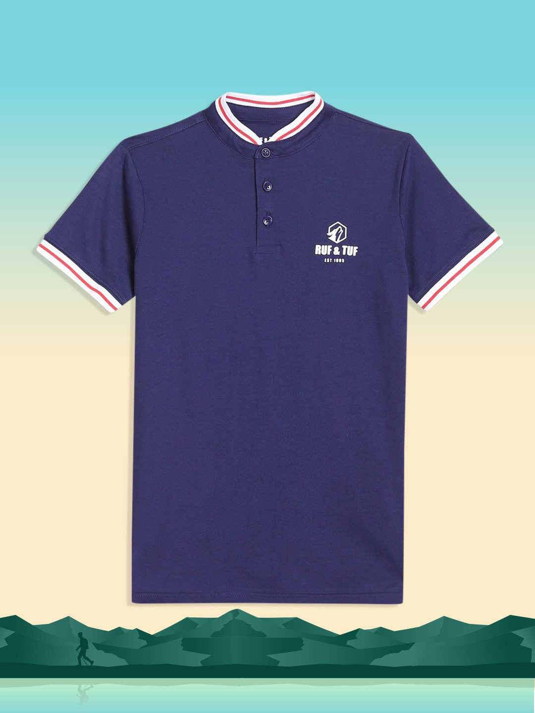 

RUF & TUF Boys Navy Blue Mandarin Collar Pure Cotton T-shirt