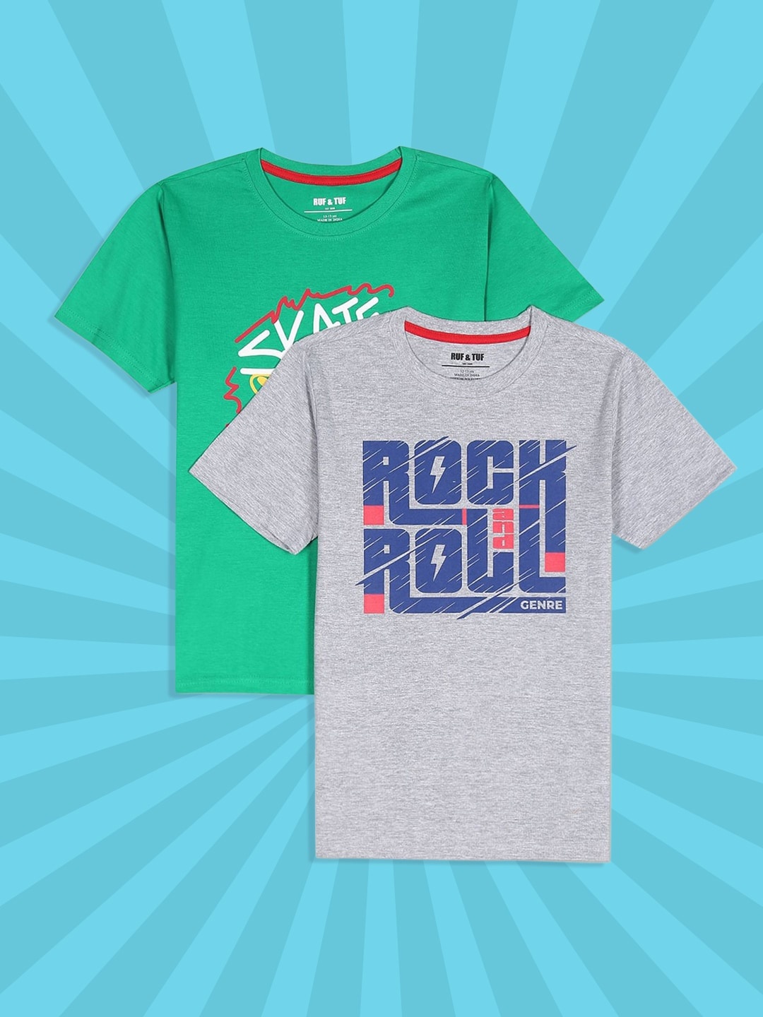 

RUF & TUF Boys Green & Grey Melange Typography Pack Of 2 Pure Cotton Printed T-shirt