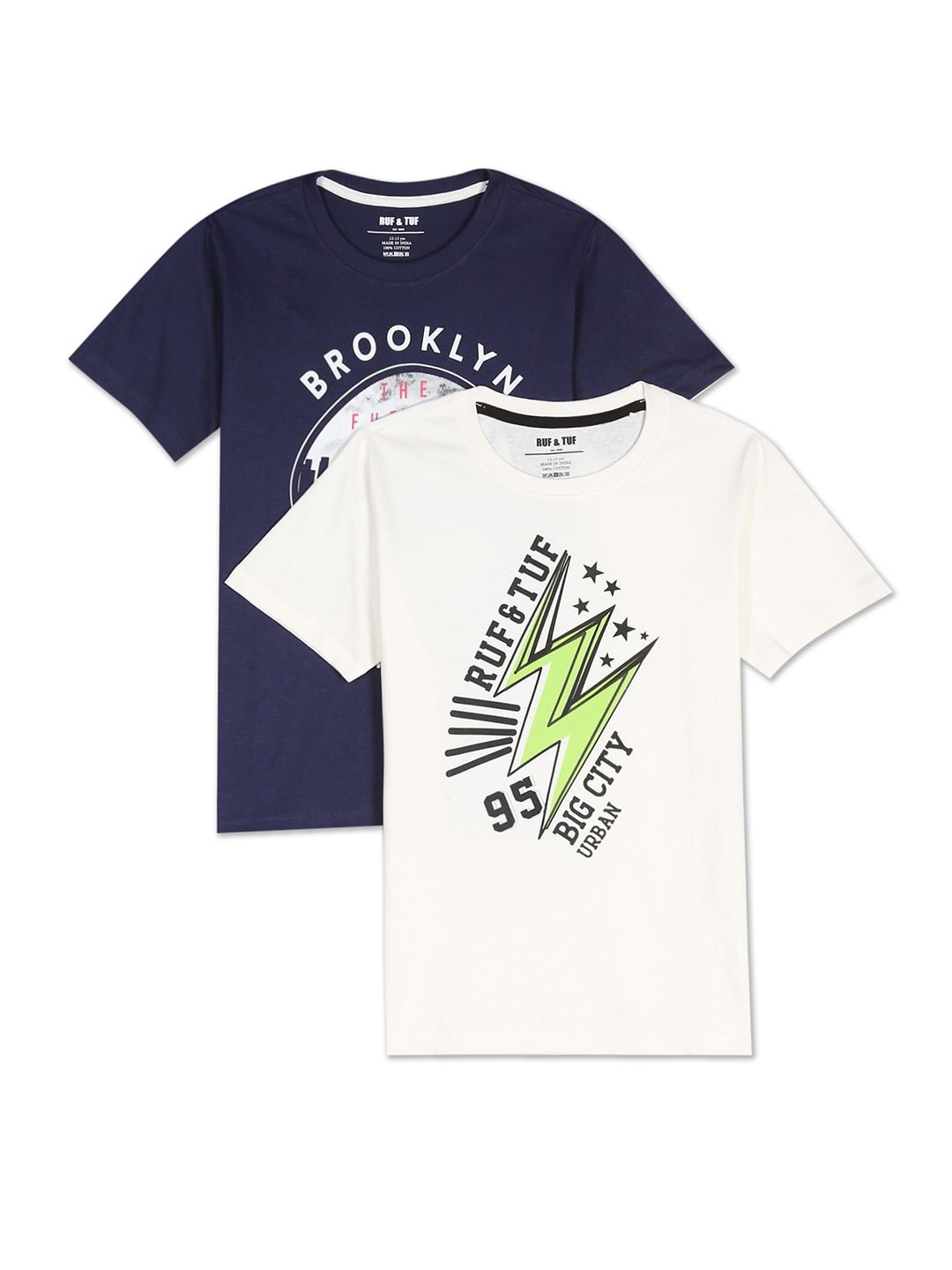

RUF & TUF Boys Blue & White Typography Pack Of 2 Pure Cotton Printed T-shirt