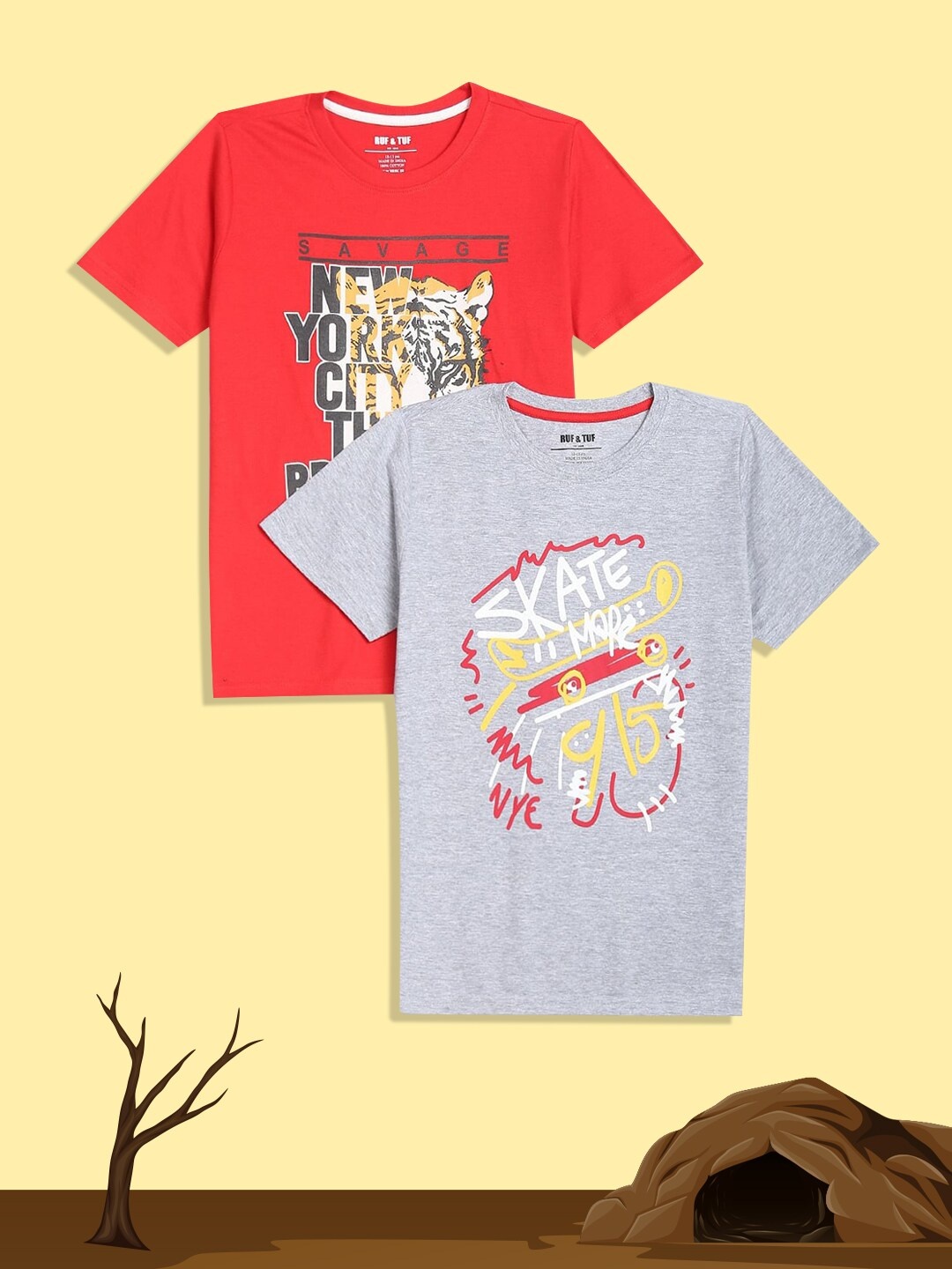 

RUF & TUF Boys Red & Grey Typography Pack Of 2 Printed T-shirt