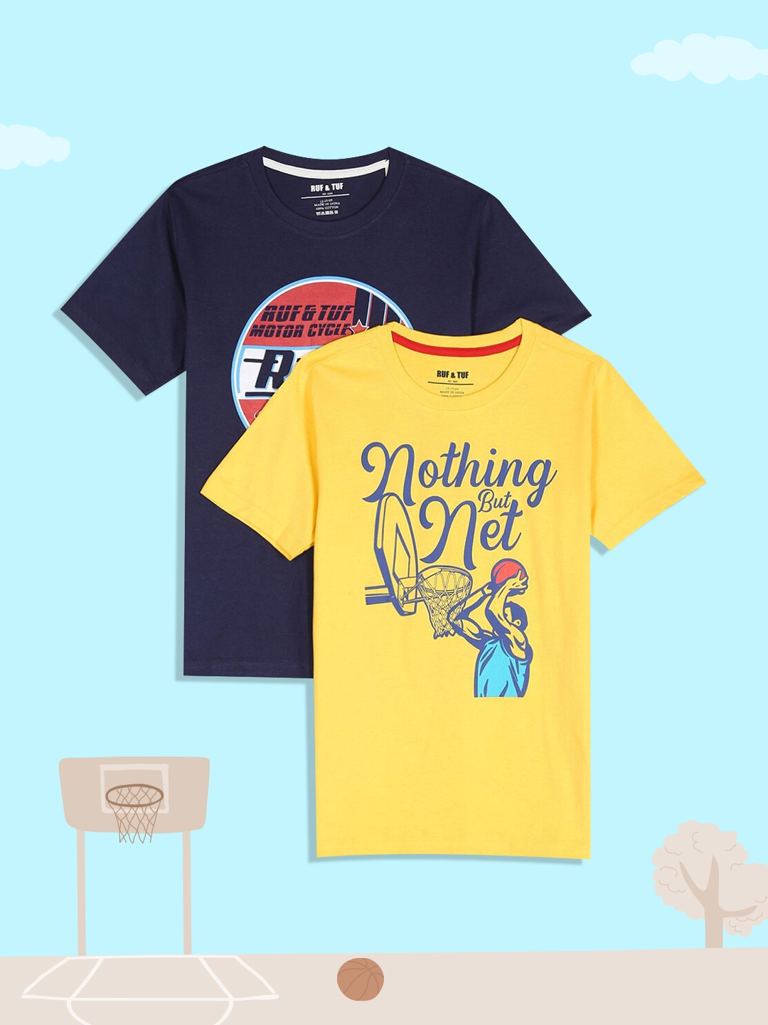 

RUF & TUF Boys Pack Of 2 Pure Cotton Printed T-shirt, Navy blue
