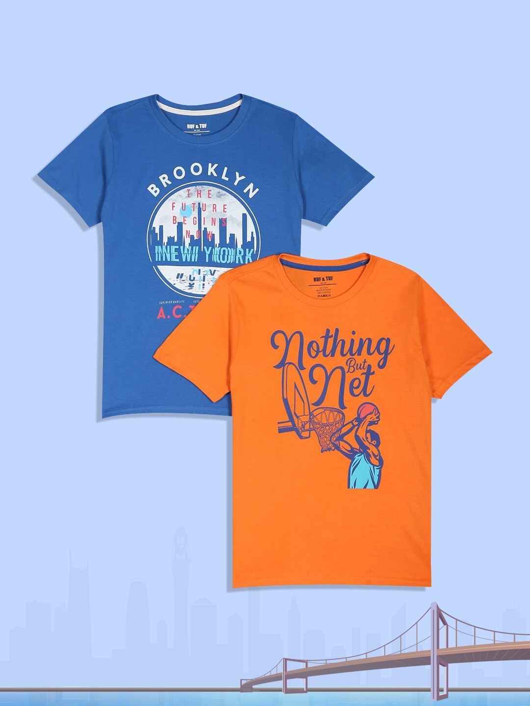 

RUF & TUF Boys Blue & Orange Typography Pack Of 2 Pure Cotton Printed T-shirt