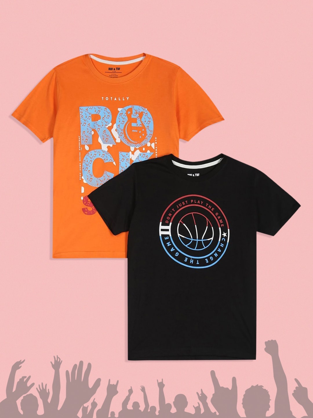 

RUF & TUF Boys Black & Orange Typography Pack Of 2 Pure Cotton Printed T-shirt