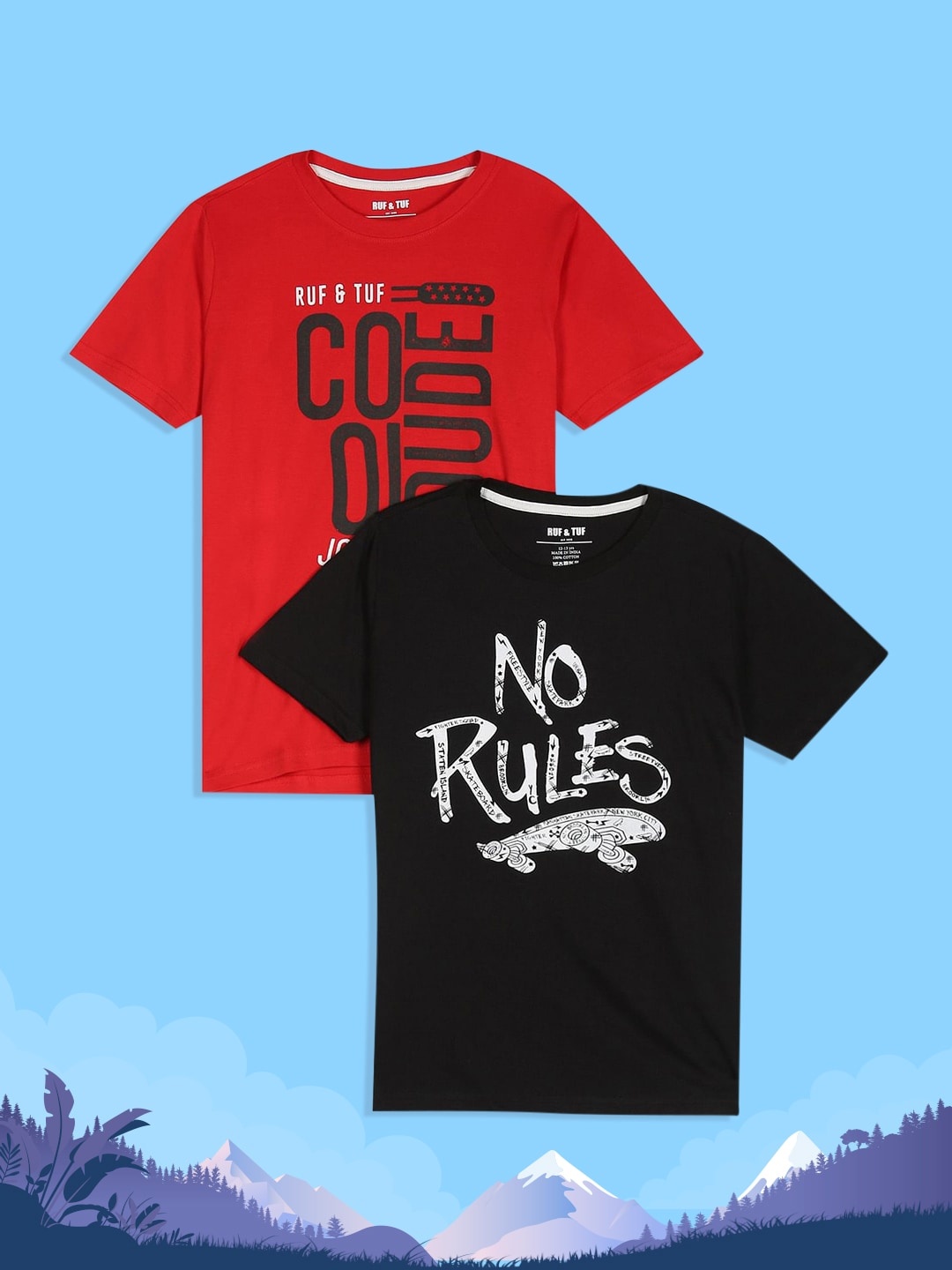 

RUF & TUF Boys Red & Black Typography Pack Of 2 Pure Cotton Printed T-shirt