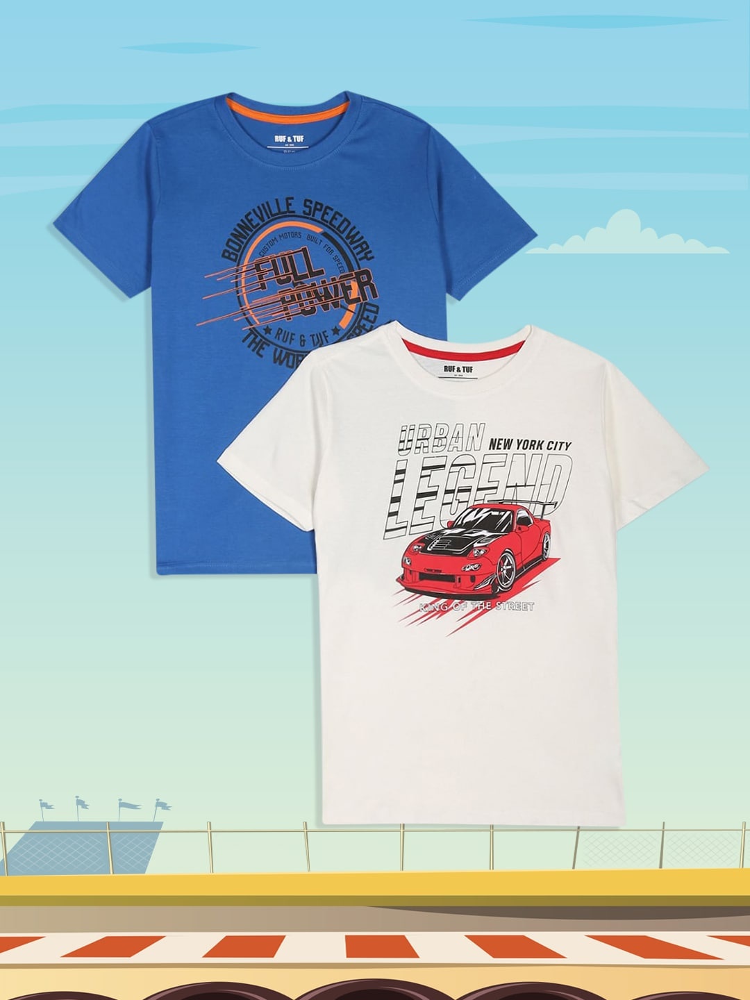 

RUF & TUF Boys Blue & White Typography Pack Of 2 Pure Cotton Printed T-shirt