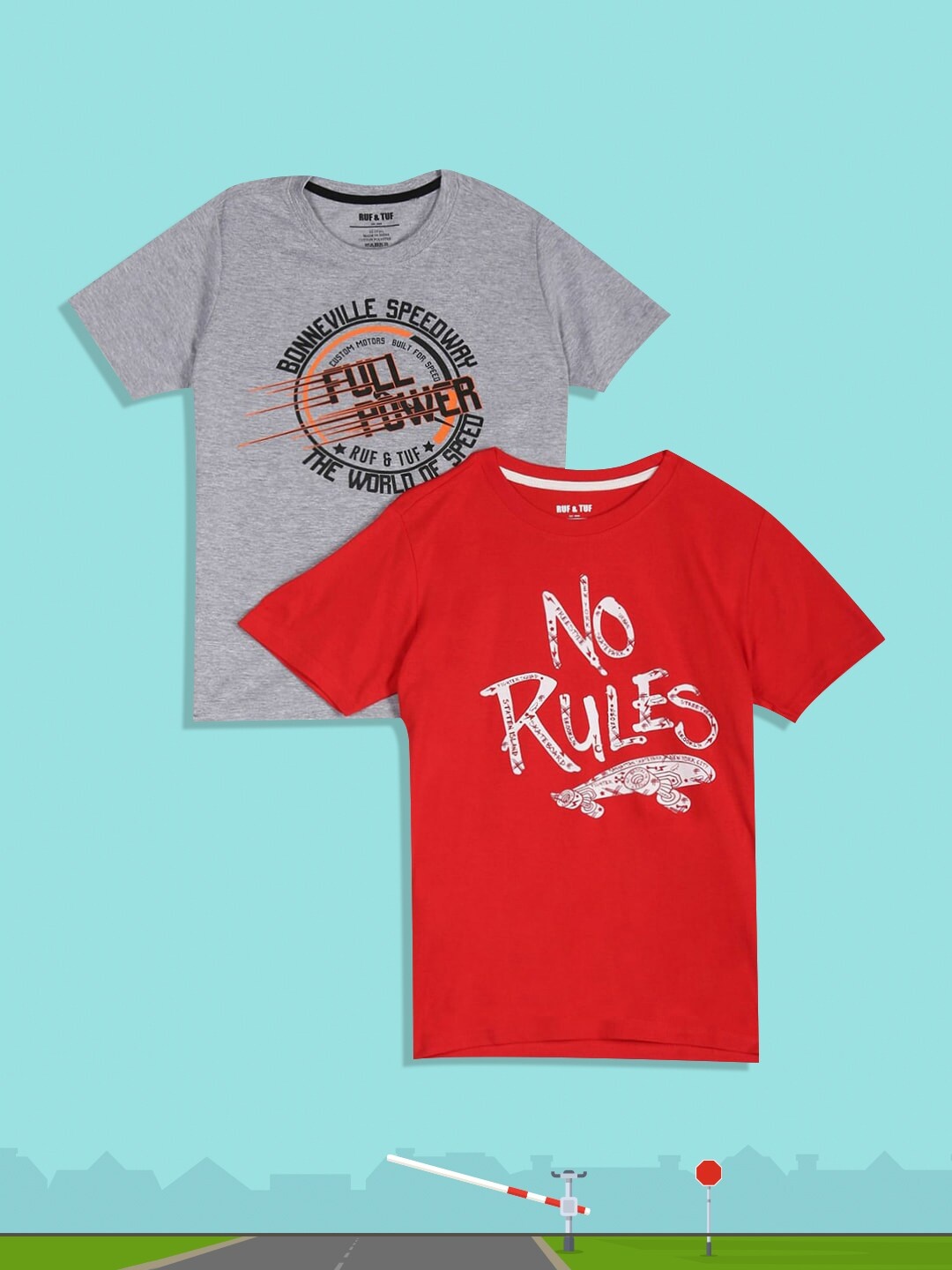 

RUF & TUF Boys Red & Grey Typography Pack Of 2 Pure Cotton Printed T-shirt