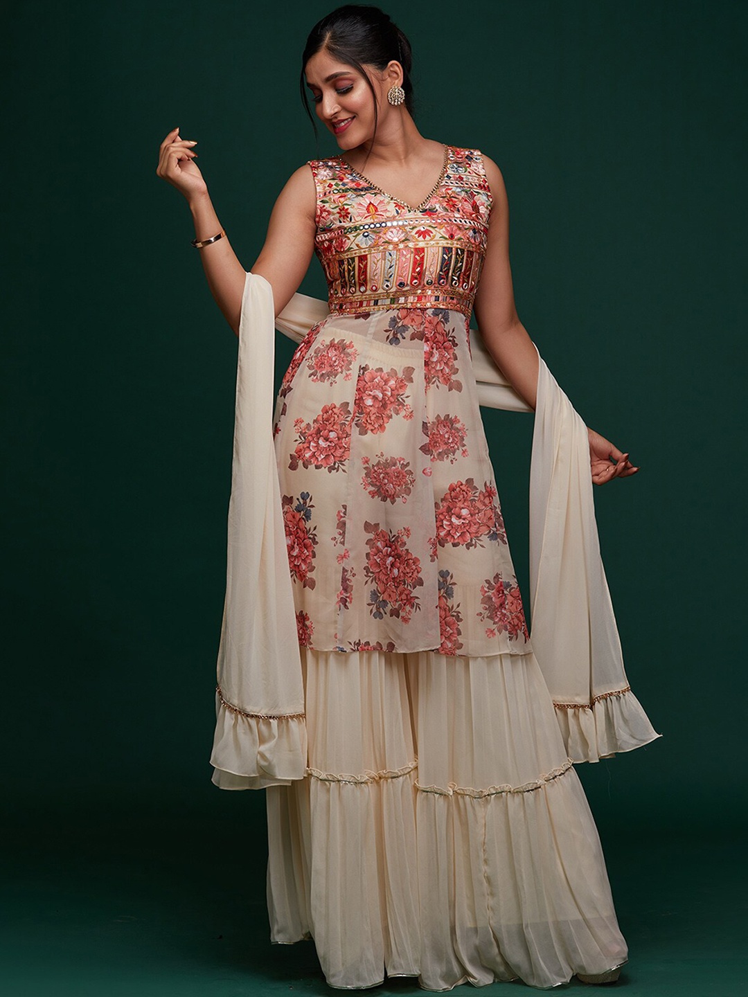 

Koskii Women Cream-Coloured Floral Embroidered Thread Work Kurta with Sharara & With Dupatta