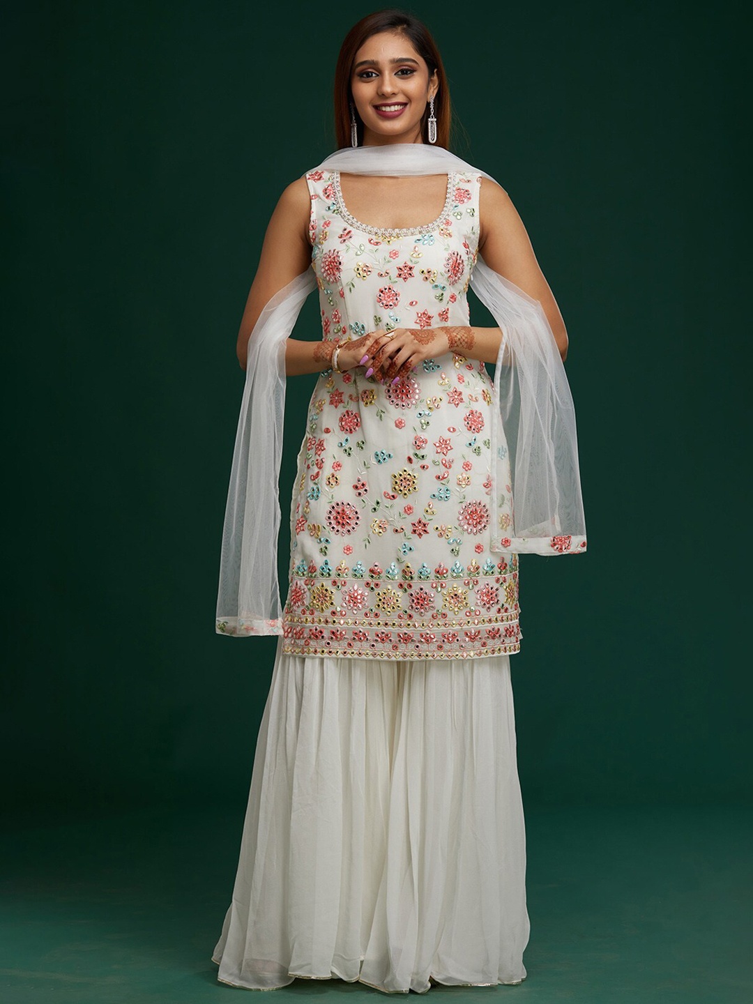 

Koskii Women Cream-Coloured & Pink Embroidered Kurta Set With Dupatta, White