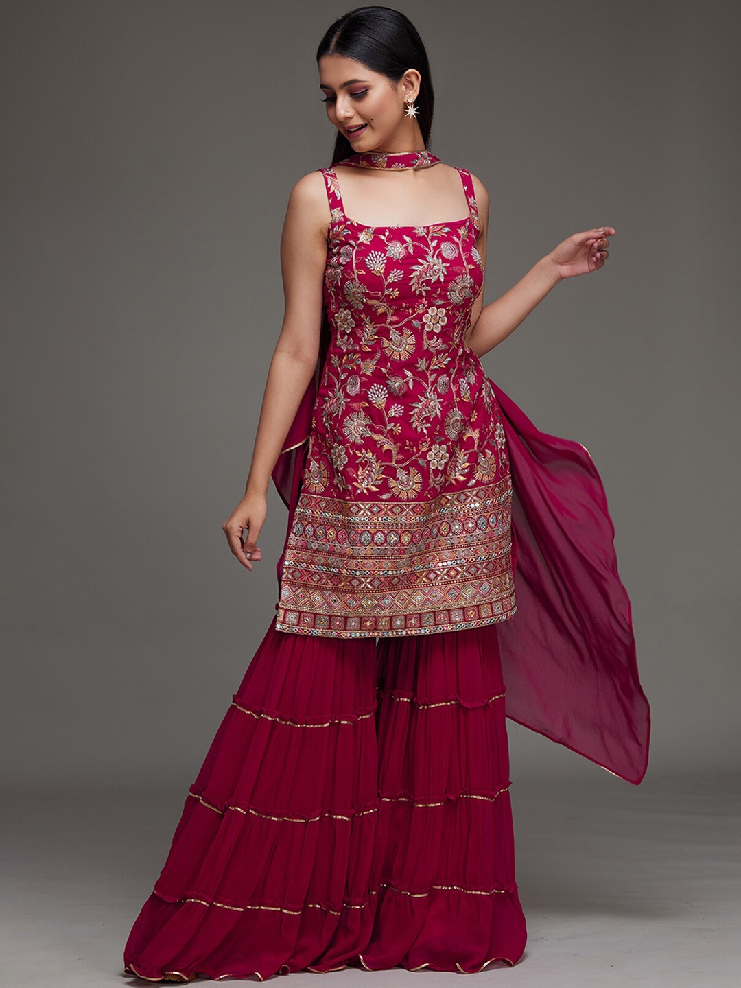 

Koskii Women Pink Floral Embroidered Gotta Patti Kurta with Sharara & With Dupatta