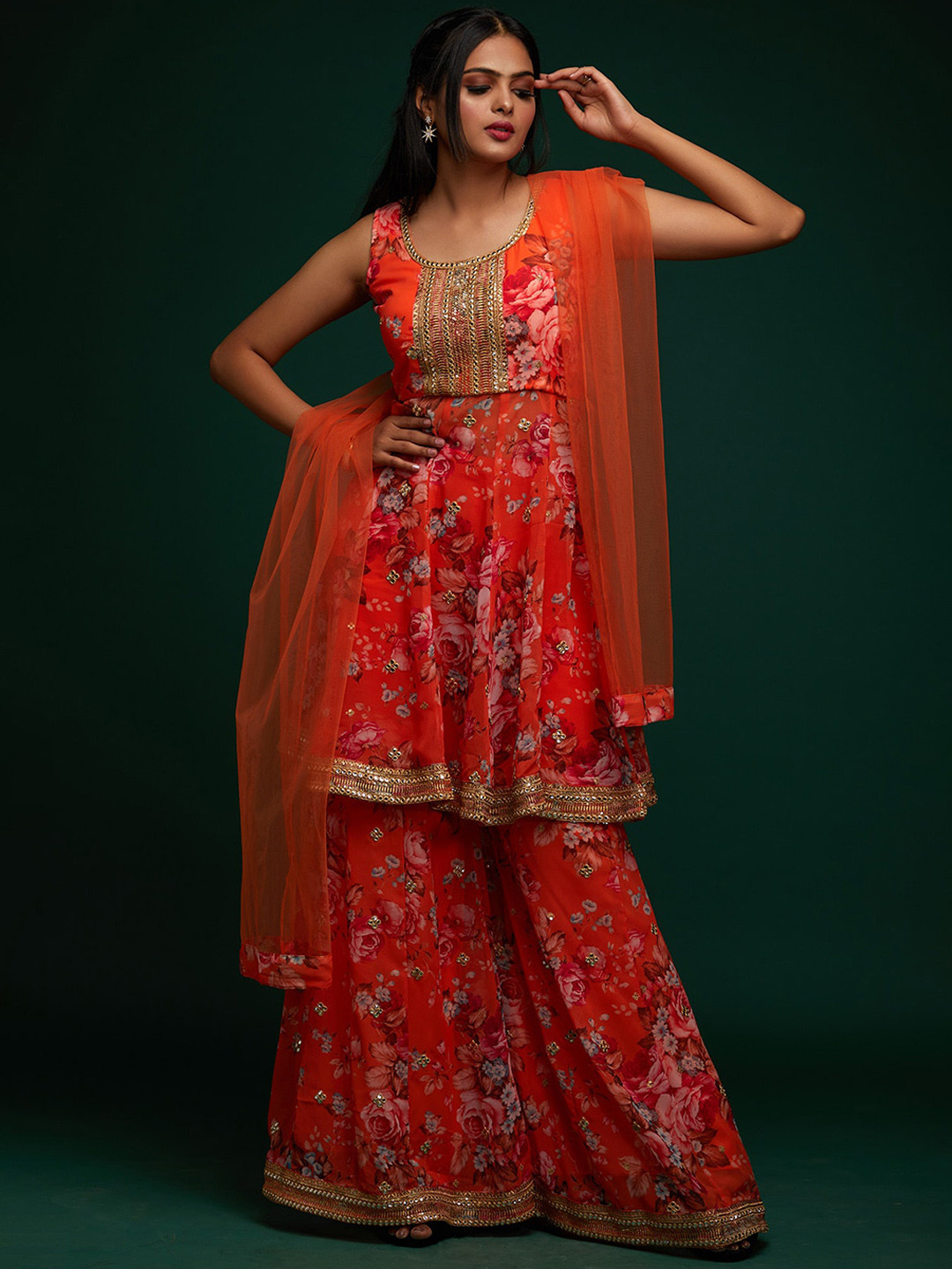 

Koskii Women Orange Floral Printed Empire Beads and Stones Kurta with Sharara & With Dupatta