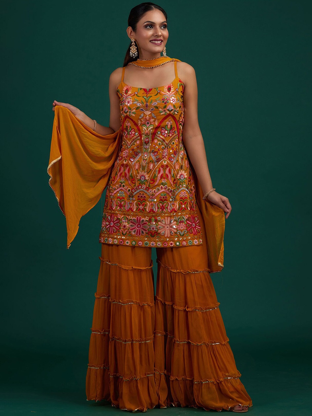 

Koskii Women Mustard Yellow Ethnic Motifs Embroidered Kurta with Sharara & Dupatta