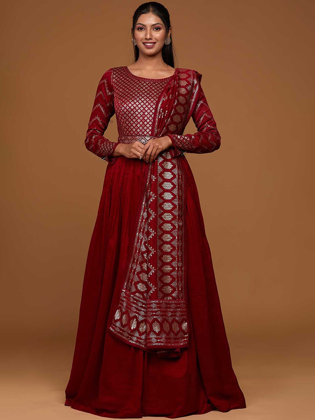 

Koskii Women Maroon Ethnic Motifs Embroidered Sequinned Pure Silk Kurta with Sharara & With Dupatta