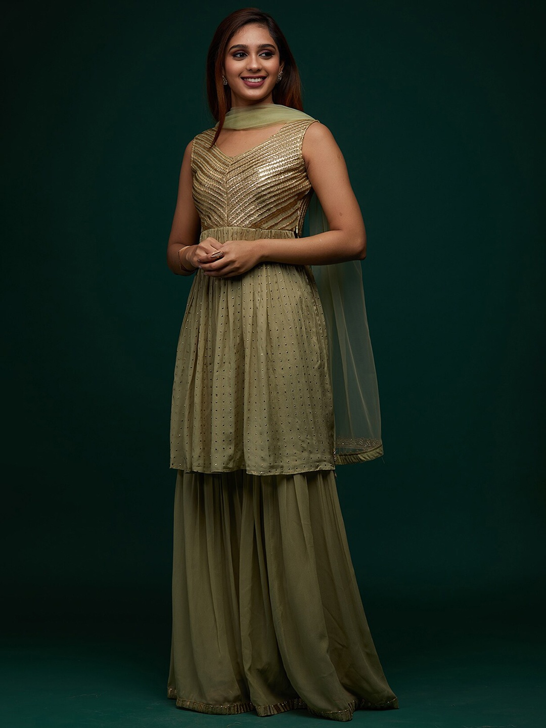 

Koskii Women Olive Green Embellished Georgette Kurta with Sharara & With Dupatta