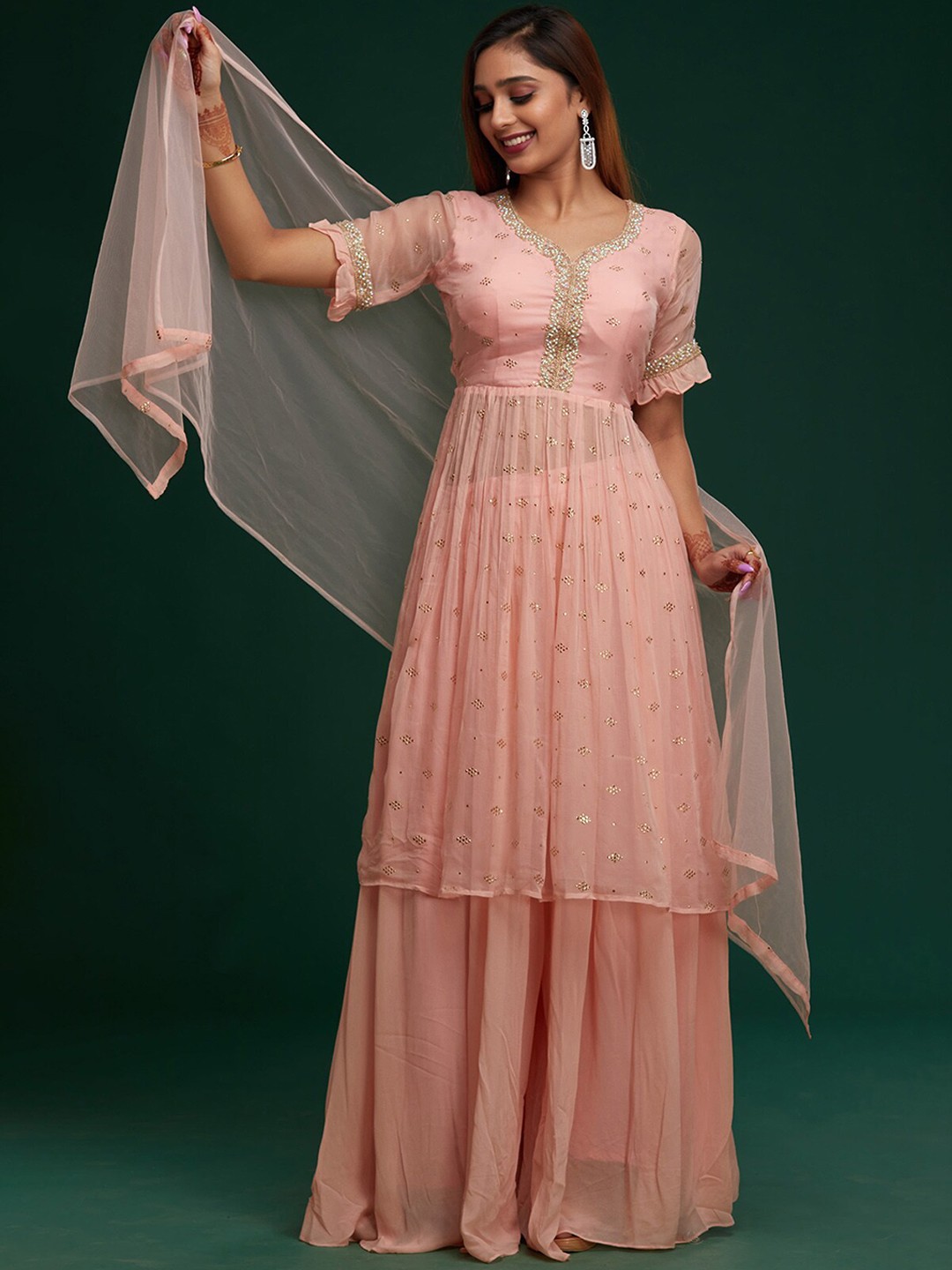 

Koskii Women Pink Floral Beads and Stones Embroidered Kurta with Palazzos & Dupatta
