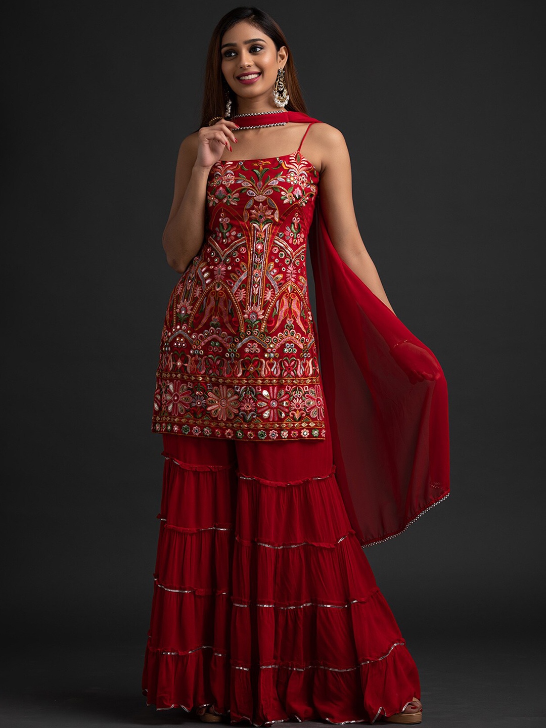 

Koskii Women Red Ethnic Motifs Embroidered Kurti with Sharara & With Dupatta