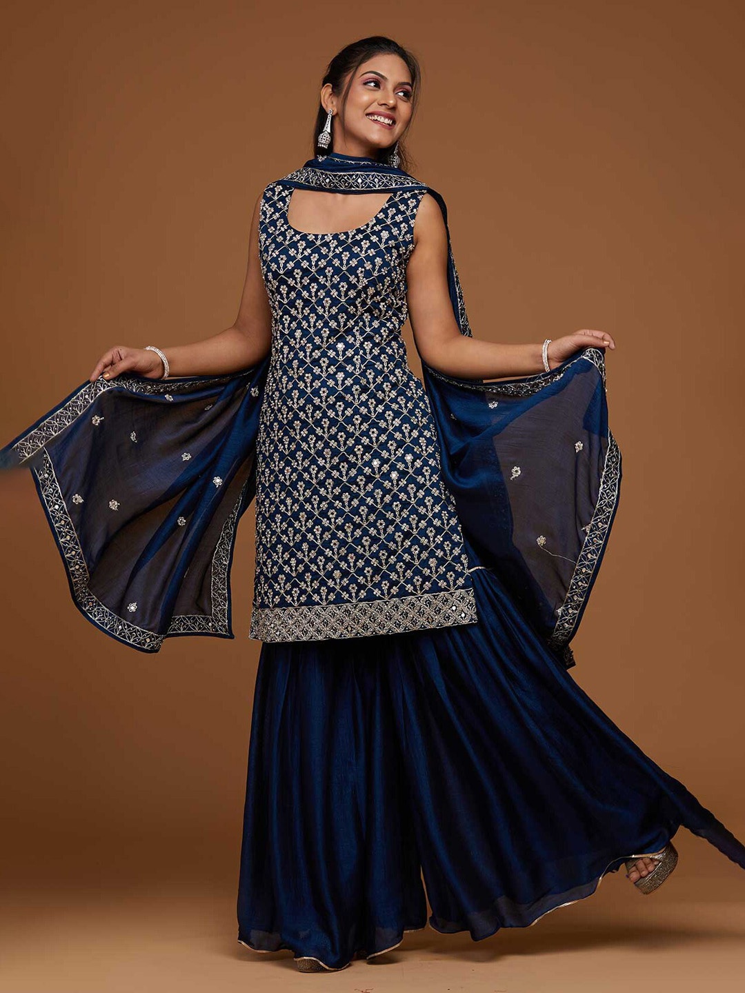 

Koskii Women Peacock-Blue Embroidered Kurta Set With Dupatta