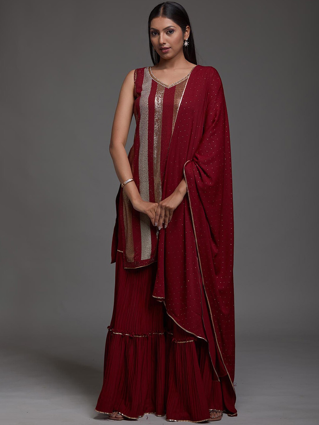 

Koskii Women Maroon Ethnic Motifs Embellished Sequinned Kurta Sharara & With Dupatta