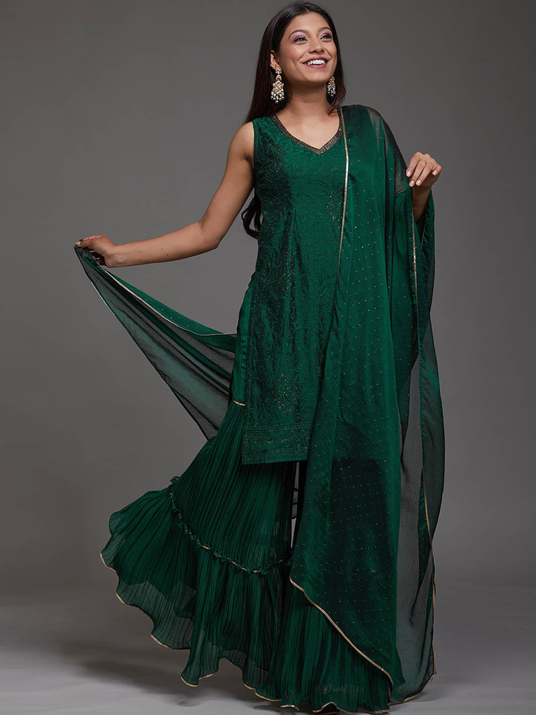 

Koskii Women Green Ethnic Motifs Embroidered Kurta with Sharara & Dupatta