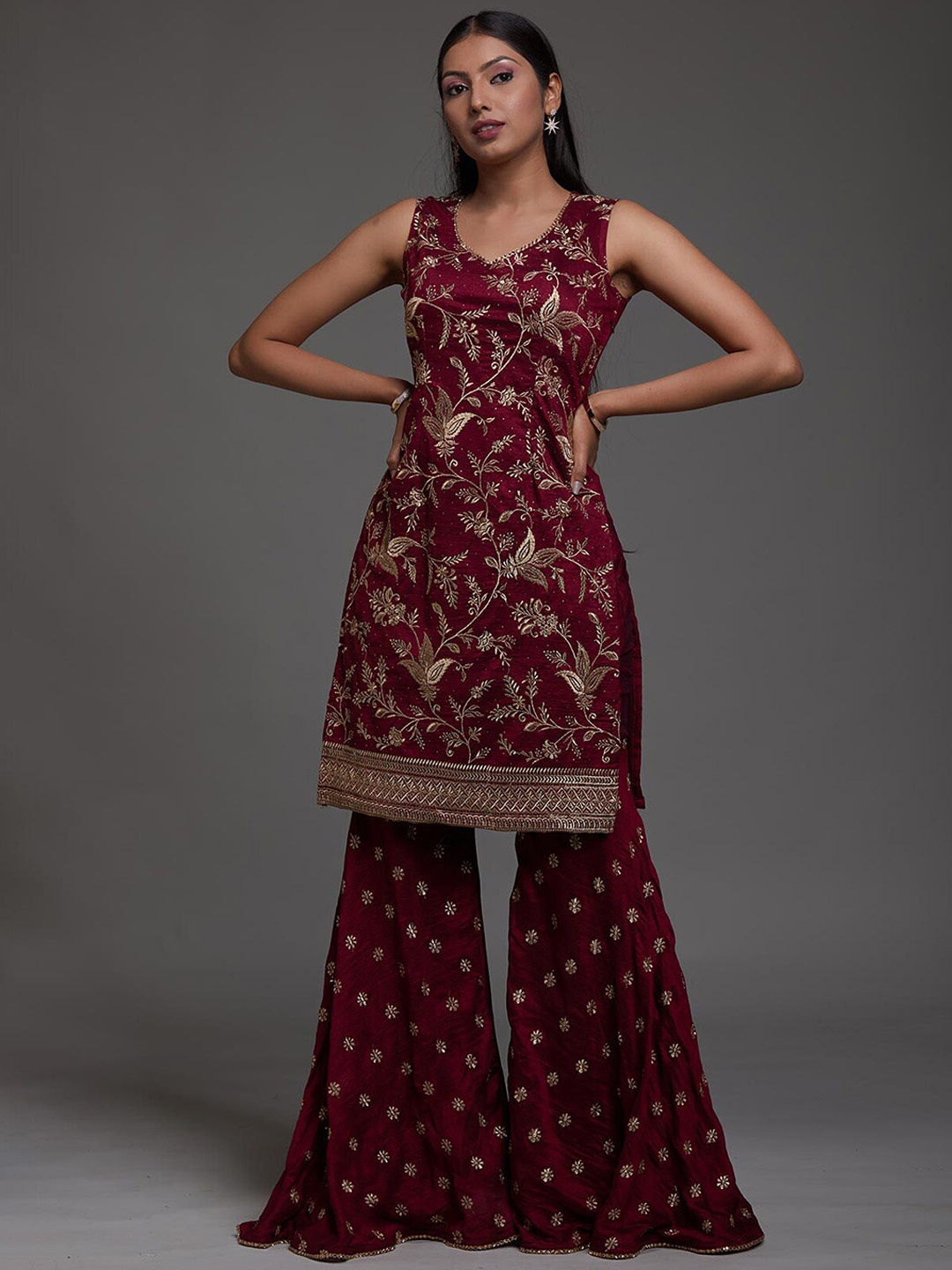 

Koskii Women Maroon Ethnic Motifs Embroidered Pure Silk Kurta with Sharara & With Dupatta