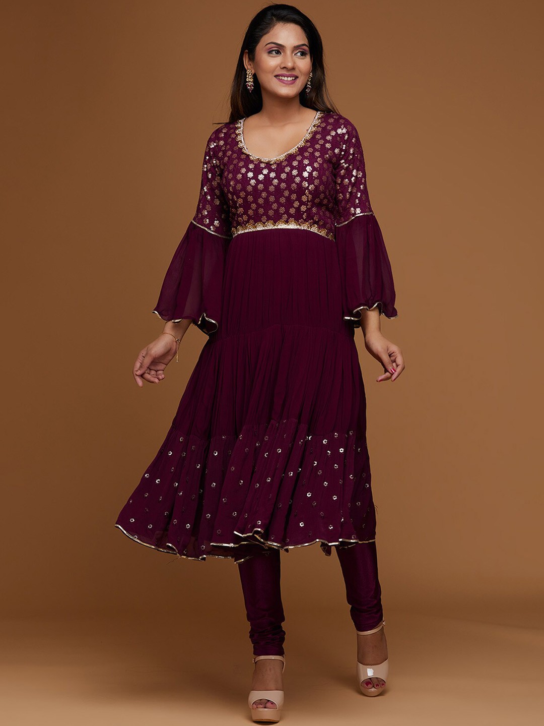 

Koskii Women Maroon Ethnic Motifs Embroidered Sequinned Kurta with Churidar & With Dupatta