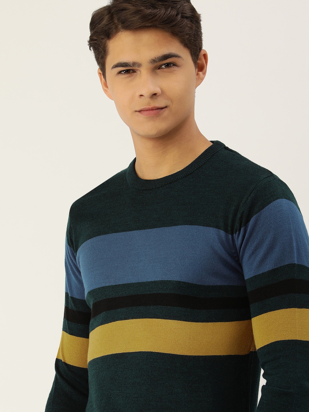 

PETER ENGLAND UNIVERSITY Men Teal Blue & Yellow Striped Pullover