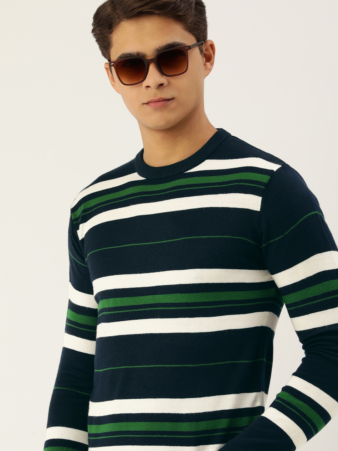 

PETER ENGLAND UNIVERSITY Men Navy Blue & White Striped Pullover