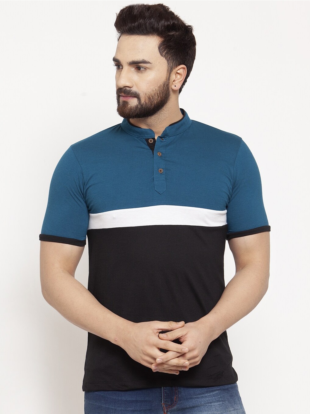 

Kalt Men Teal & Black Colourblocked Mandarin Collar T-shirt