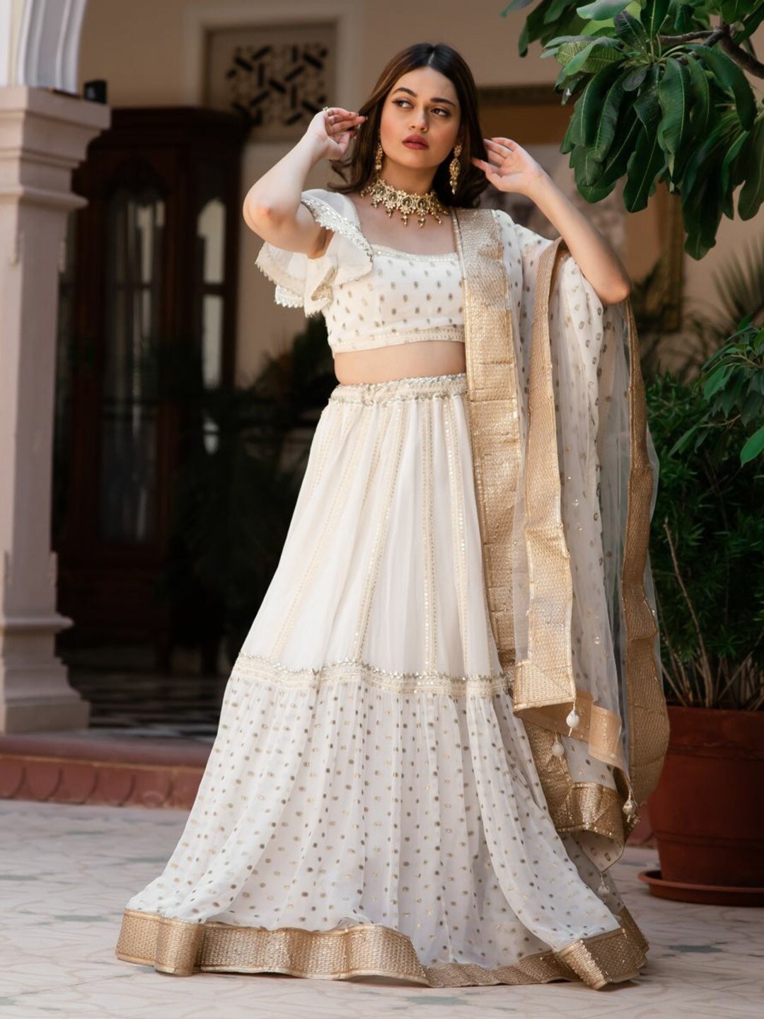 

Lavanya The Label Women White & Gold-Toned Ready to Wear Lehenga & Blouse With Dupatta