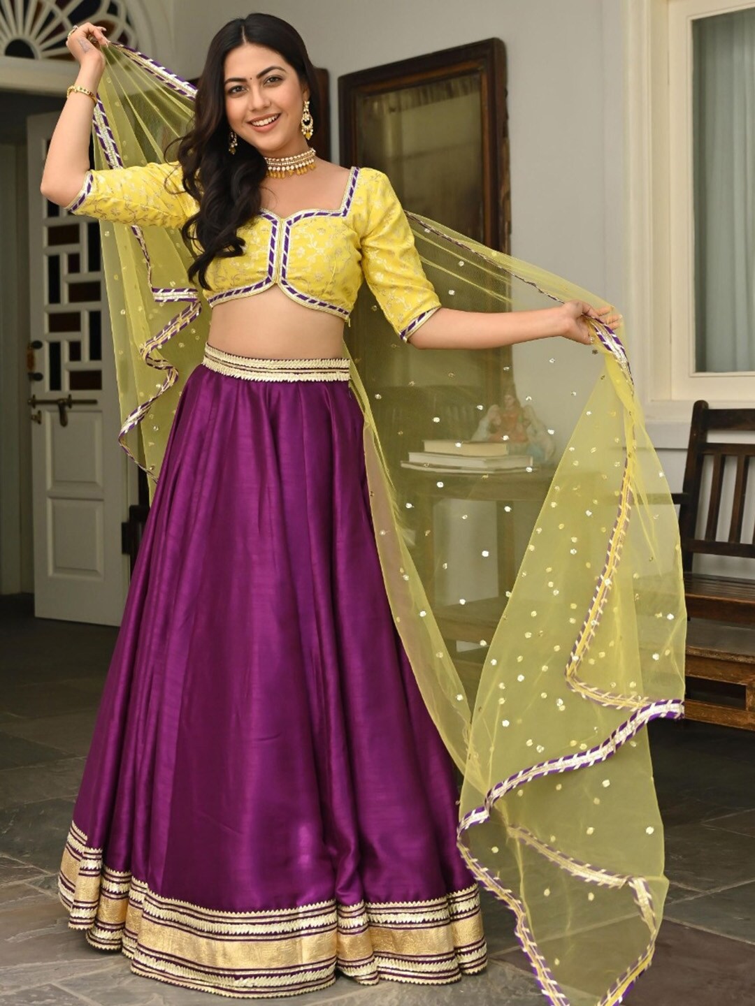 

Lavanya The Label Purple & Yellow Ready to Wear Lehenga & Blouse With Dupatta