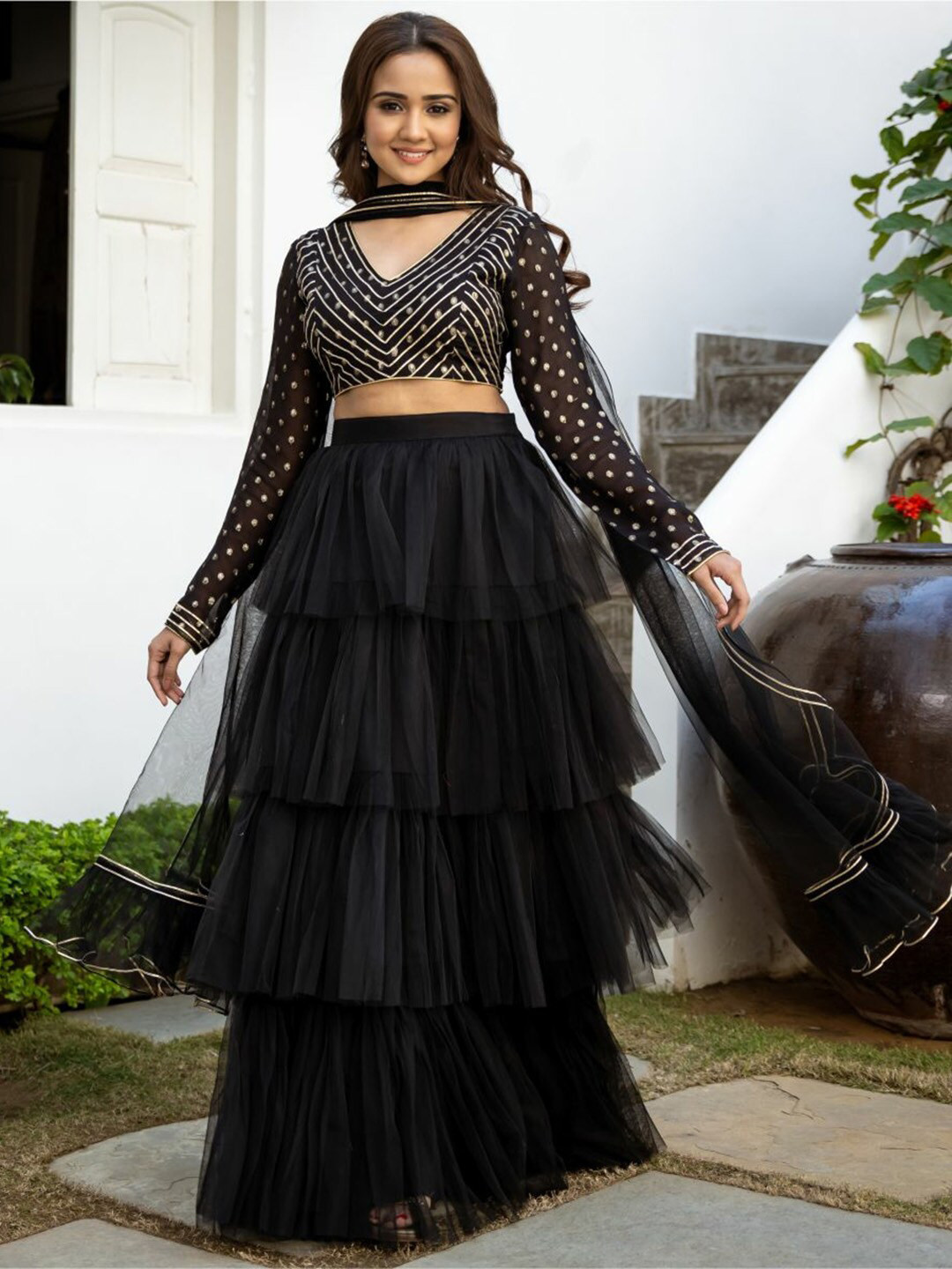 

Lavanya The Label Women Black & Gold-Toned Ready to Wear Lehenga & Blouse With Dupatta