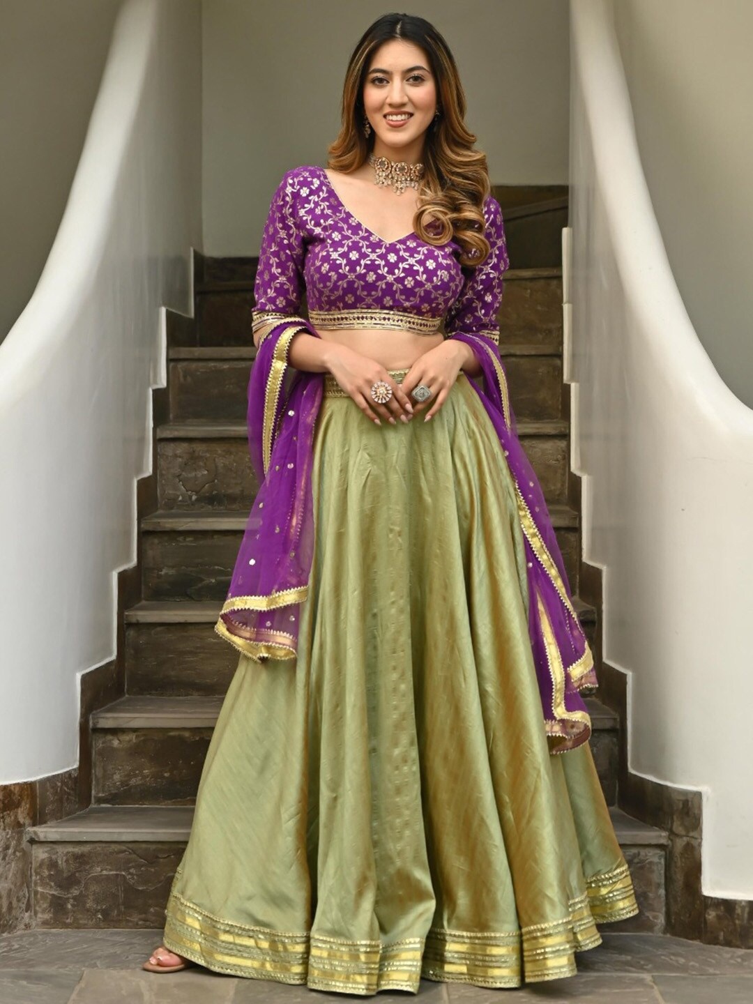 

Lavanya The Label Women Green & Purple Ready to Wear Lehenga & Blouse With Dupatta