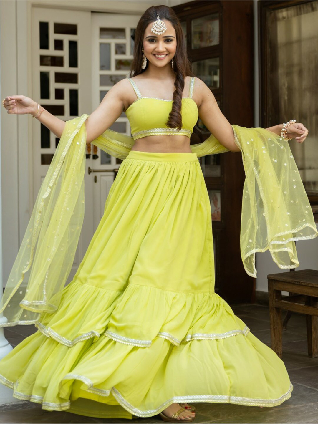

Lavanya The Label Women Lime Green Ready to Wear Lehenga & Blouse With Dupatta
