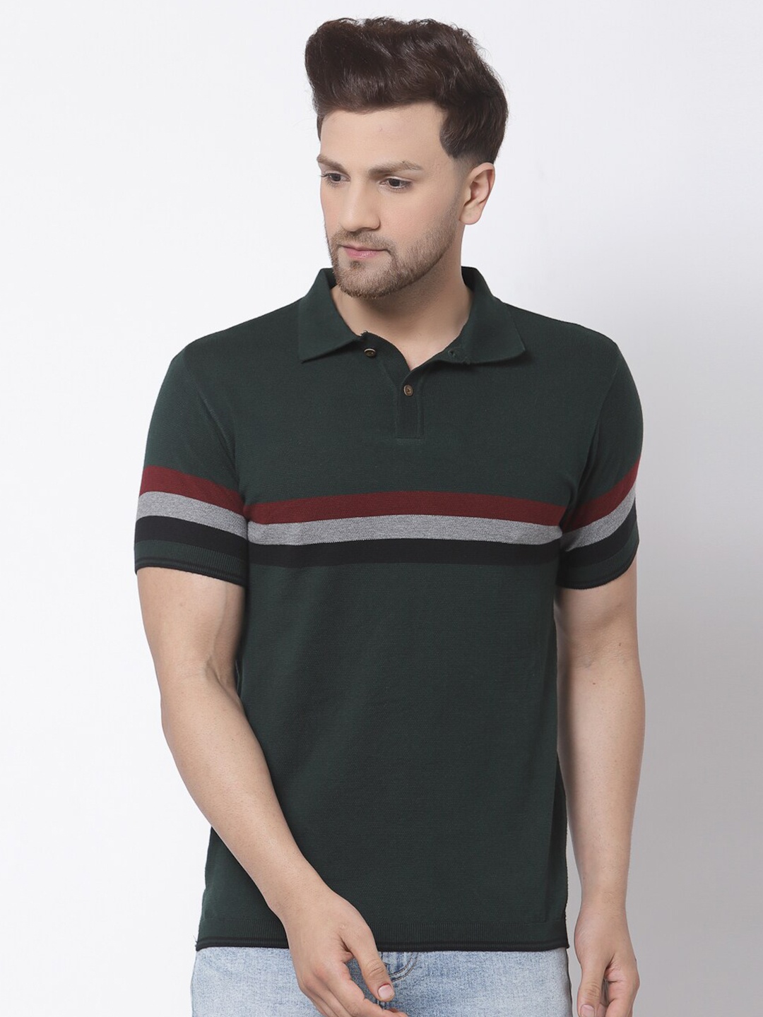 

Kalt Men Green & Maroon Striped Polo Collar T-shirt