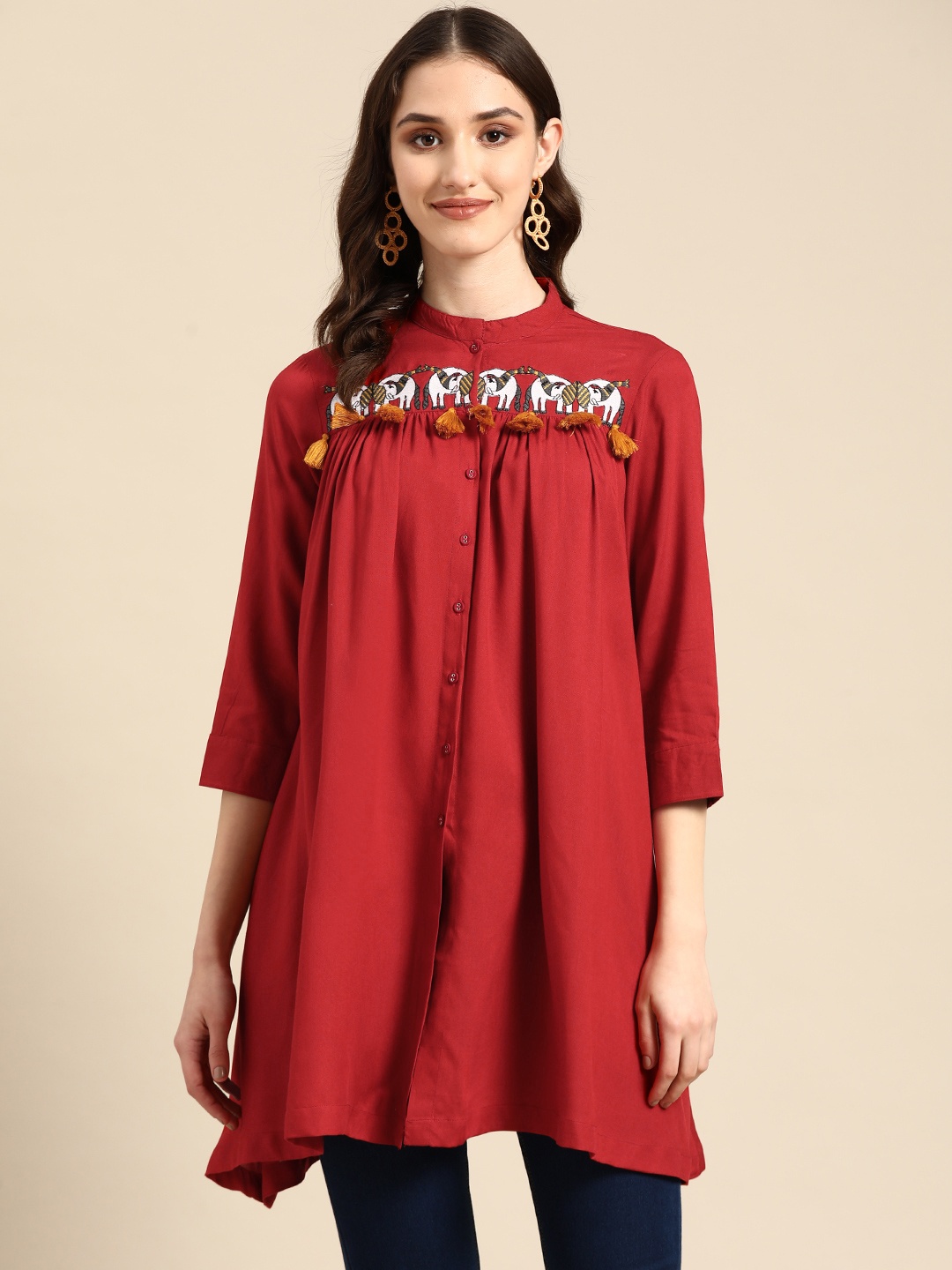 

Sangria Mandarin Collar Embroidered Detail Tunic, Rust