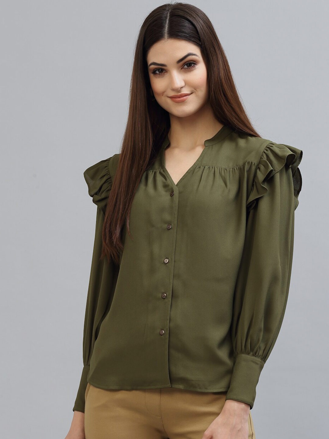 

Style Quotient Women Olive Green Formal Shirt