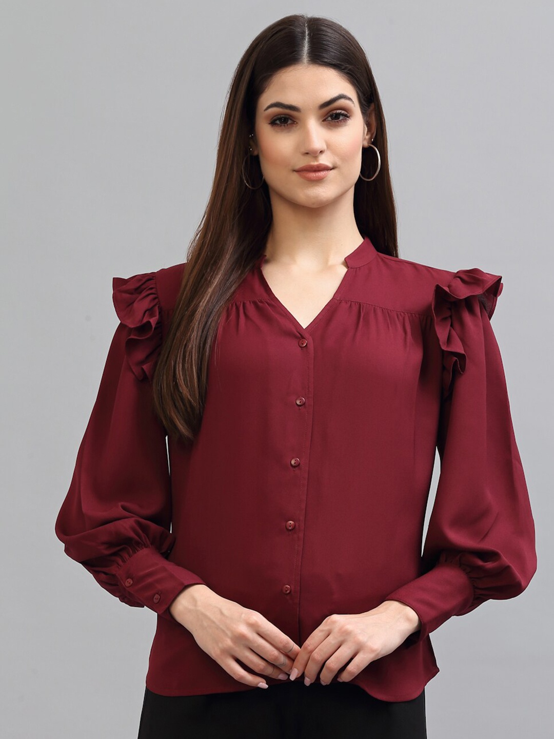 

Style Quotient Women Maroon Ruffled Sleeve Casual Shirt